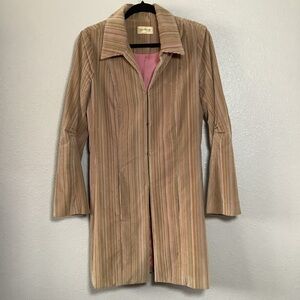Vintage Long Pink Tan Green Earthy Striped Collared Long Silk Cotton Jacket Sz 8